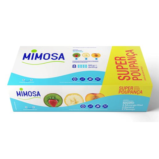 MIMOSA Iogurte Magro Sólido Aroma Morango Kiwi, Banana e Pêssego 8x120 g