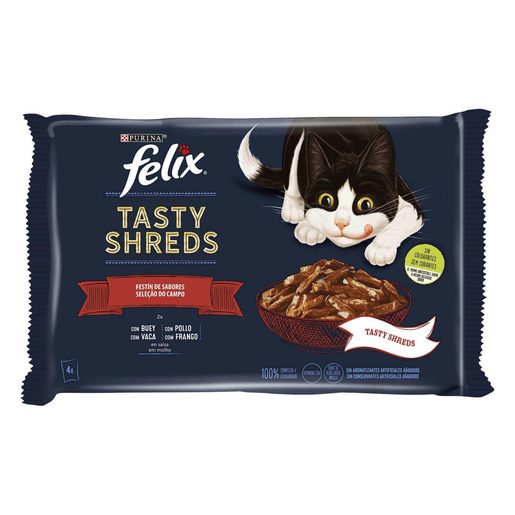 FELIX Alimento Húmido Gato Tasty Shreds Vaca e Frango 4x80 g