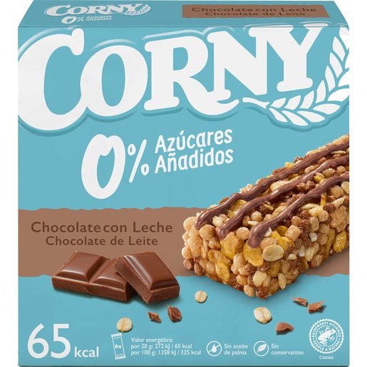 CORNY Barra Cereais 0% Açúcar com Chocolate Leite 6x20 g