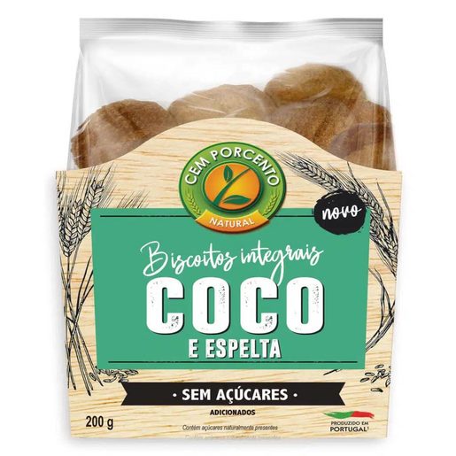 CEM PORCENTO Biscoitos de Coco e Espelta sem Açúcar 200 g
